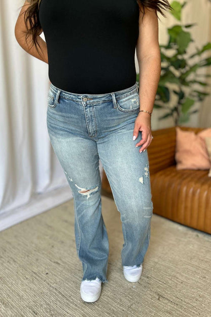 Judy Blue Full Size Medium Rise Tummy Control Destroy Flare-Free Shipping - aurelia-clothing-8955