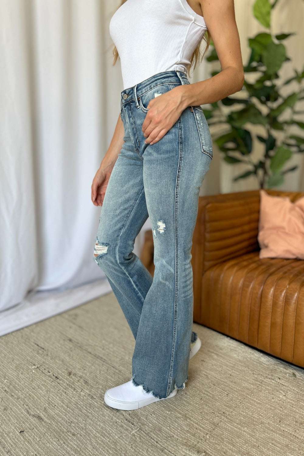 Judy Blue Full Size Medium Rise Tummy Control Destroy Flare-Free Shipping - aurelia-clothing-8955