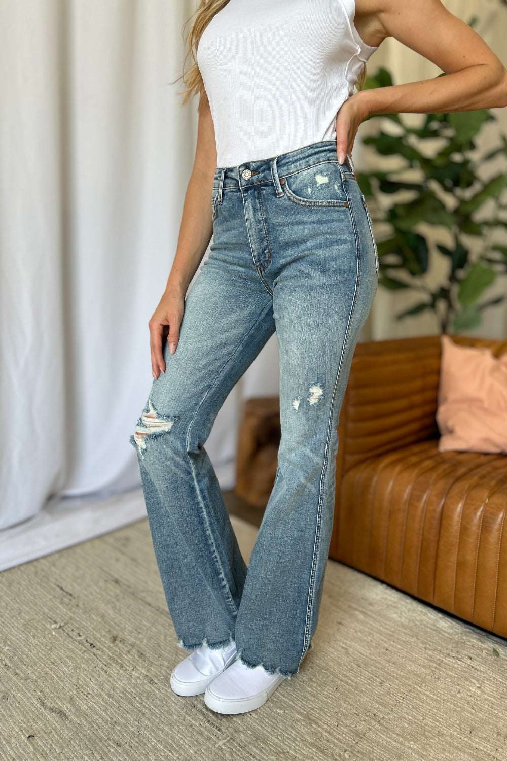 Judy Blue Full Size Medium Rise Tummy Control Destroy Flare-Free Shipping - aurelia-clothing-8955