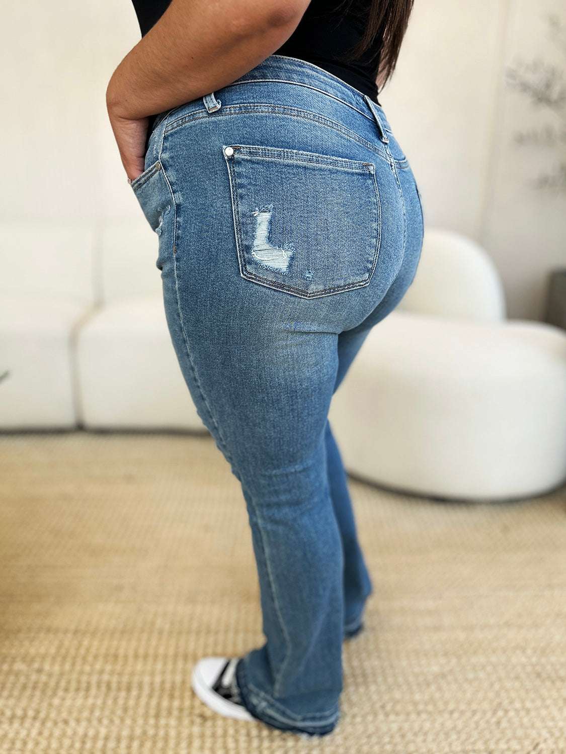Judy Blue Full Size Mid Rise Destroyed Hem Distressed Jeans - Free Shipping - Aurelia Clothing