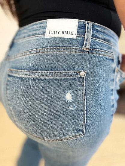 Judy Blue Full Size Mid Rise Destroyed Hem Distressed Jeans - Free Shipping - Aurelia Clothing