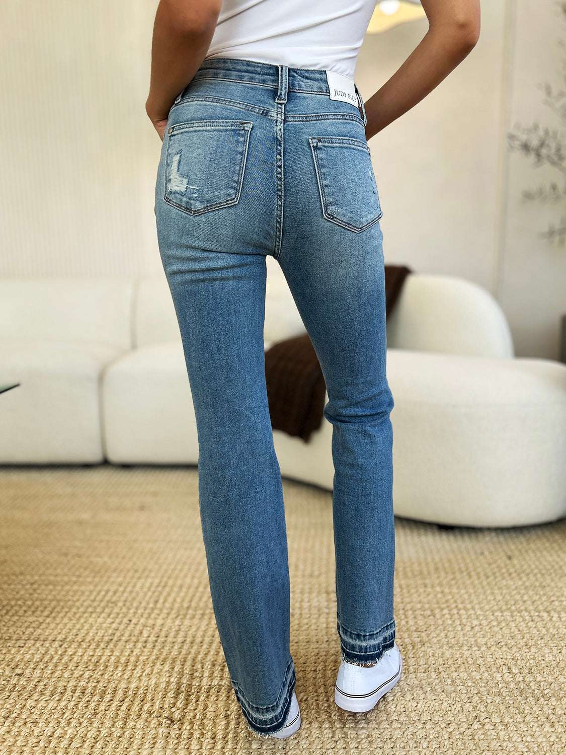 Judy Blue Full Size Mid Rise Destroyed Hem Distressed Jeans - Free Shipping - Aurelia Clothing