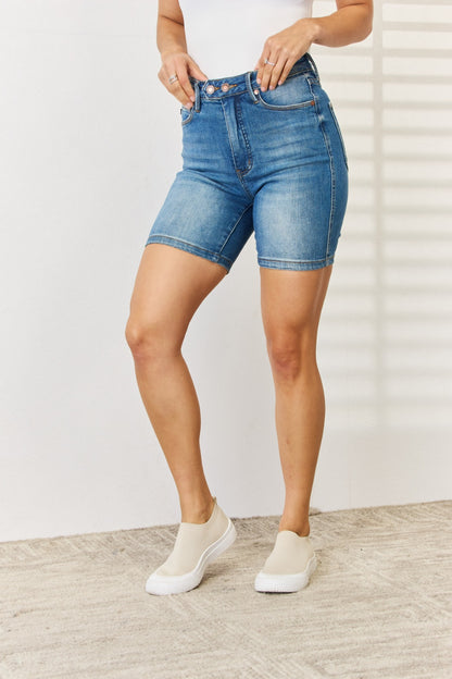 Judy Blue Full Size Tummy Control Double Button Bermuda Denim Shorts - Free Shipping - aurelia-clothing-8955