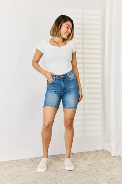 Judy Blue Full Size Tummy Control Double Button Bermuda Denim Shorts - Free Shipping - aurelia-clothing-8955