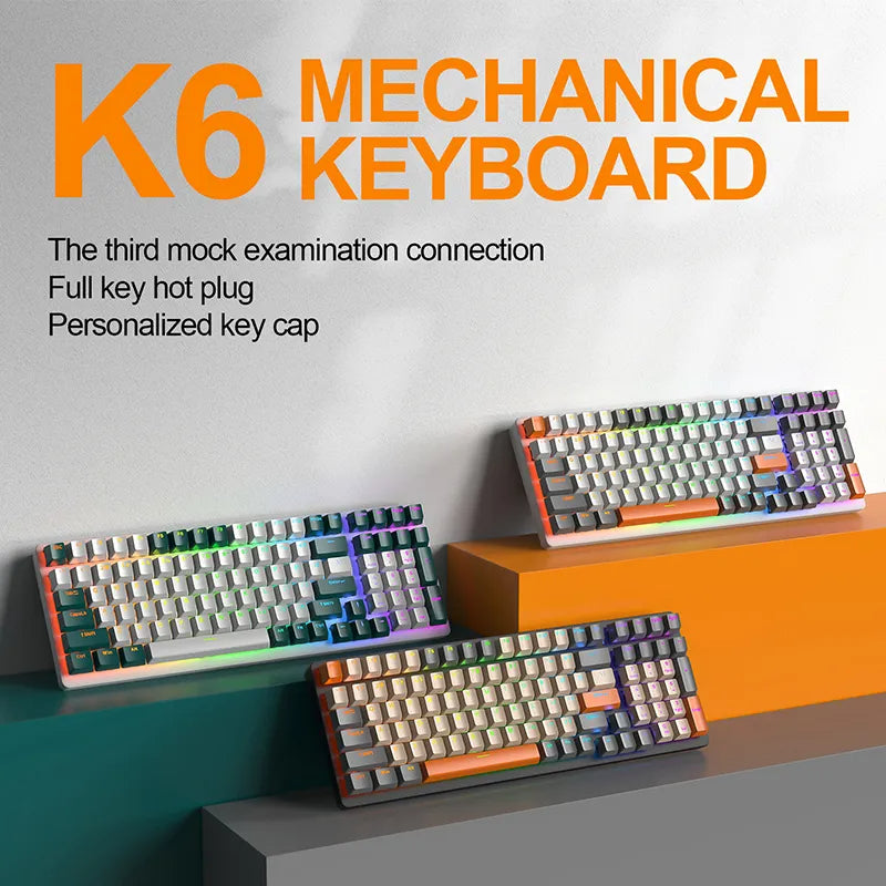 K6 Mechanical Keyboard Wireless 5.0 BT 2.4 Ghz Wired Three Modes Backlit Bluetooth Gamer Keyboard 100 Keys Keycaps Pc Gamer - Free Shipping - aurelia-clothing-8955