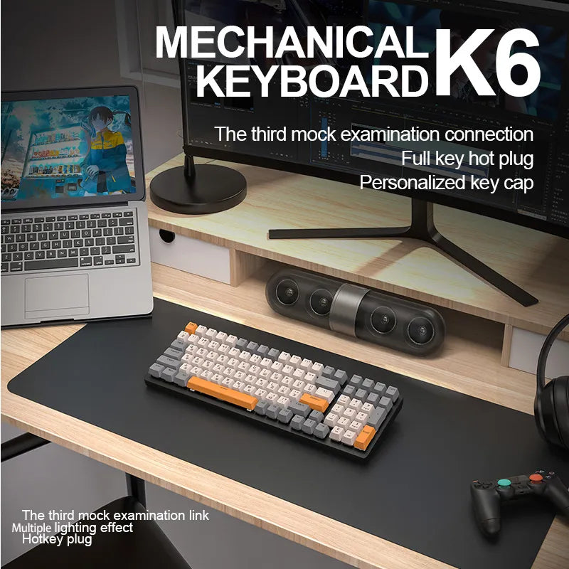 K6 Mechanical Keyboard Wireless 5.0 BT 2.4 Ghz Wired Three Modes Backlit Bluetooth Gamer Keyboard 100 Keys Keycaps Pc Gamer - Free Shipping - aurelia-clothing-8955