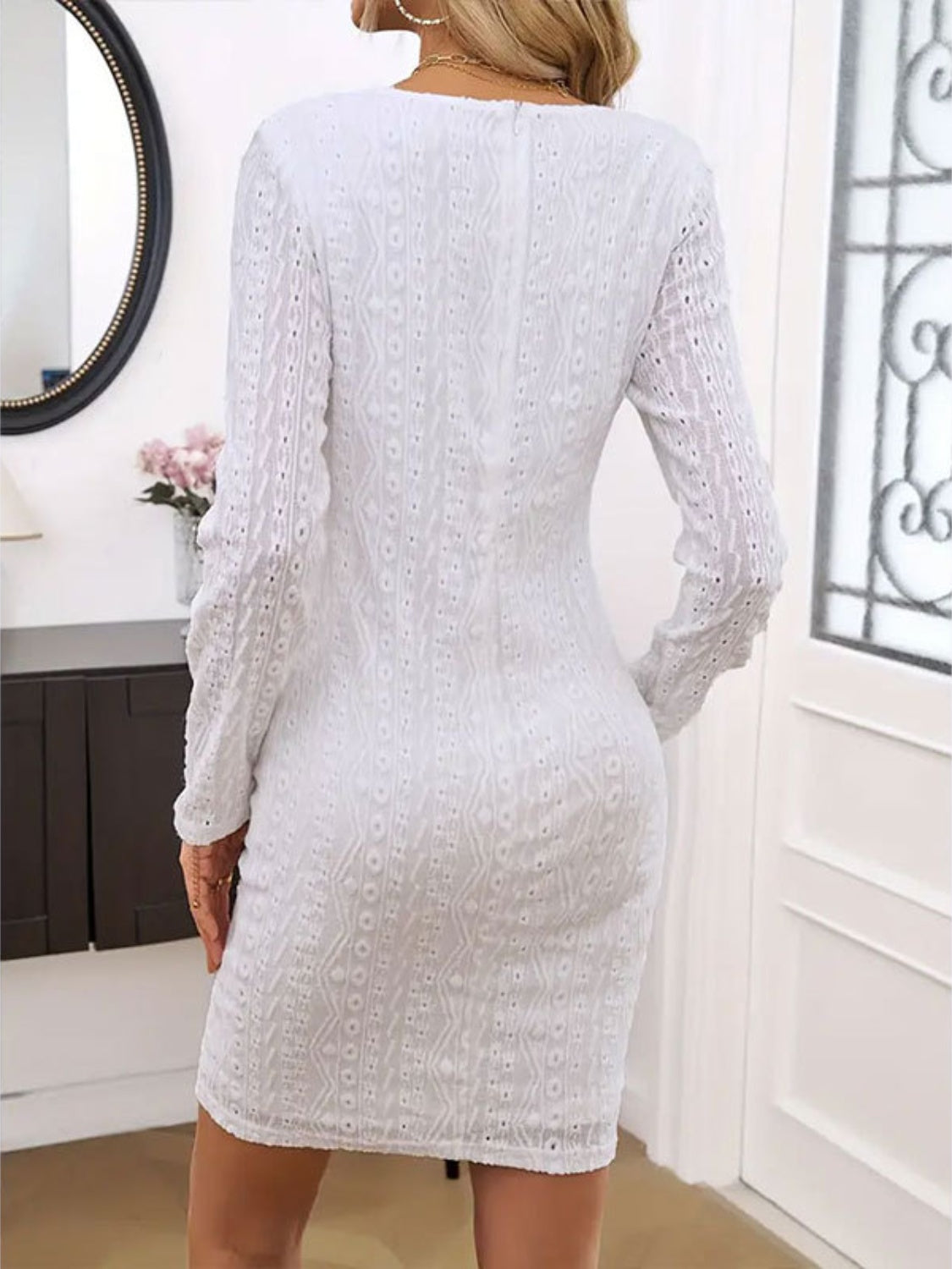 Lace Detail Round Neck Long Sleeve Mini Dress - Free Shipping - aurelia-clothing-8955