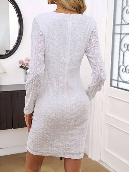 Lace Detail Round Neck Long Sleeve Mini Dress - Free Shipping - aurelia-clothing-8955