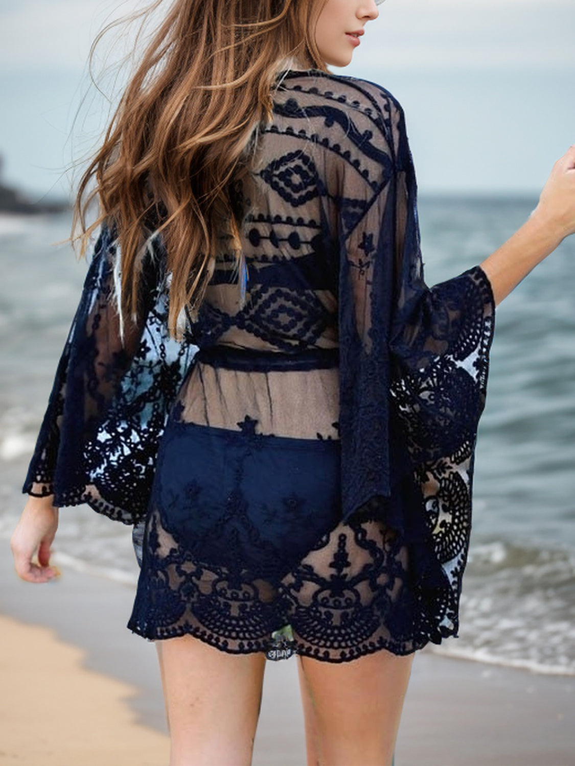 Lace V-Neck Three-Quarter Sleeve Cover Up - aurelia-clothing-8955