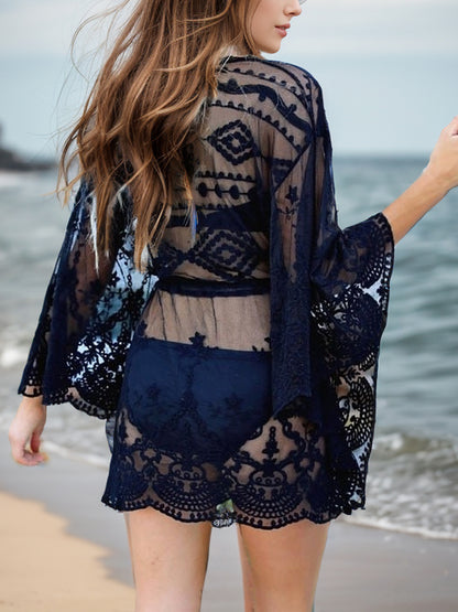 Lace V-Neck Three-Quarter Sleeve Cover Up - aurelia-clothing-8955
