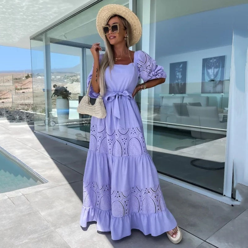 Lace patchwork dress with waistband tie up for women - Free Shipping - aurelia-clothing-8955