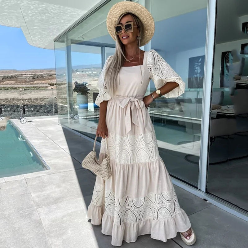 Lace patchwork dress with waistband tie up for women - Free Shipping - aurelia-clothing-8955