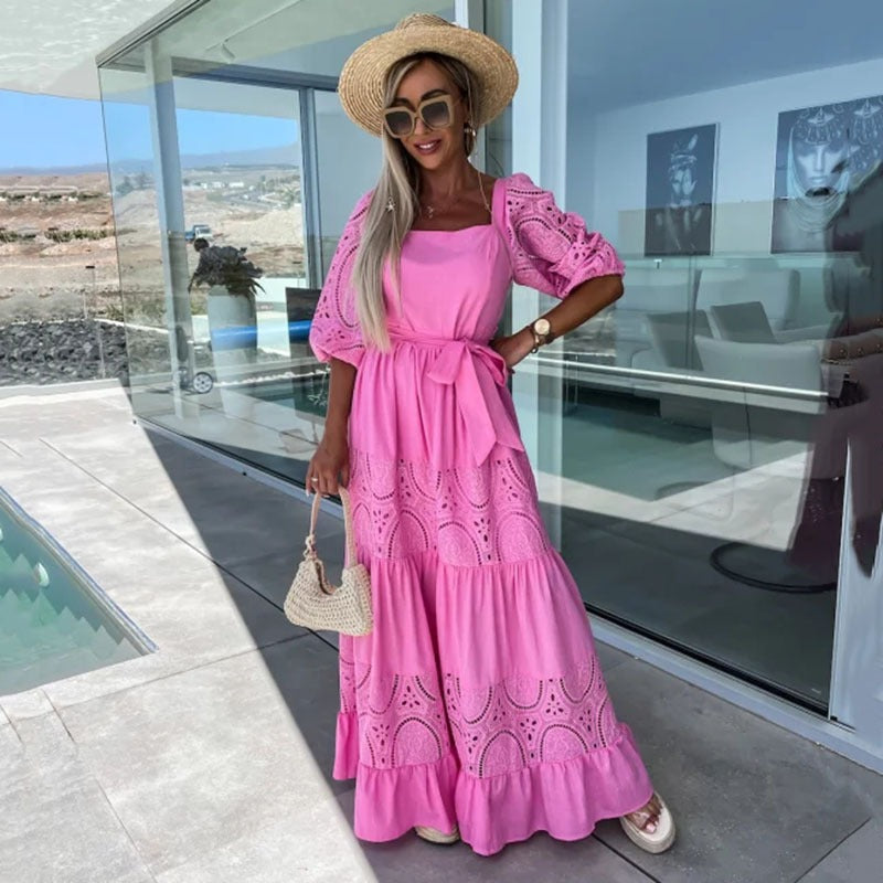 Lace patchwork dress with waistband tie up for women - Free Shipping - aurelia-clothing-8955