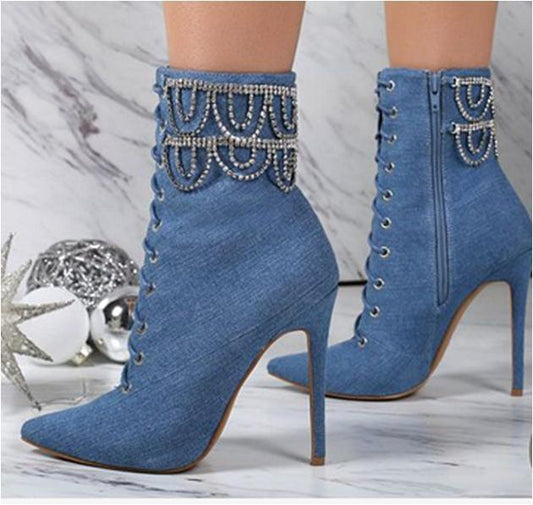 Large Size Rhinestone Chain Stiletto Pointed Toe Womens Ankle Boots - Free Shipping - aurelia-clothing-8955