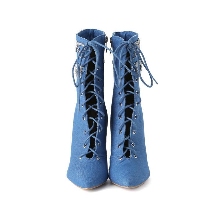 Large Size Rhinestone Chain Stiletto Pointed Toe Womens Ankle Boots - Free Shipping - aurelia-clothing-8955