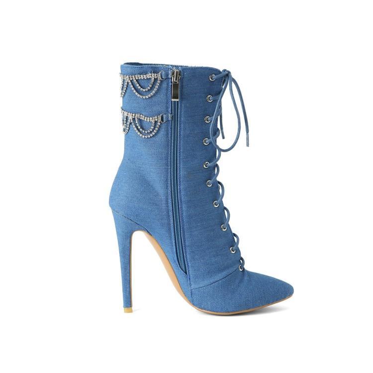 Large Size Rhinestone Chain Stiletto Pointed Toe Womens Ankle Boots - Free Shipping - aurelia-clothing-8955