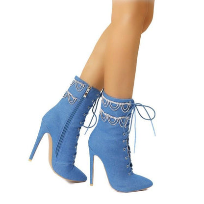 Large Size Rhinestone Chain Stiletto Pointed Toe Womens Ankle Boots - Free Shipping - aurelia-clothing-8955