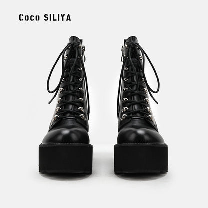 Large Womens Boots Chain New Thick Soled Platform Shoes Thick High Heel Short Boots - Free Shipping - aurelia-clothing-8955