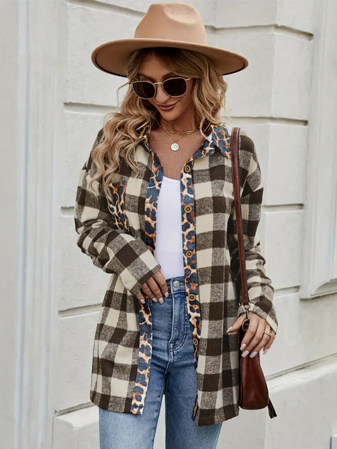Leopard Trim Plaid Collared Neck Long Sleeve Shirt - aurelia-clothing-8955