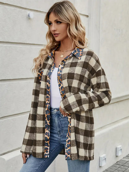 Leopard Trim Plaid Collared Neck Long Sleeve Shirt - aurelia-clothing-8955