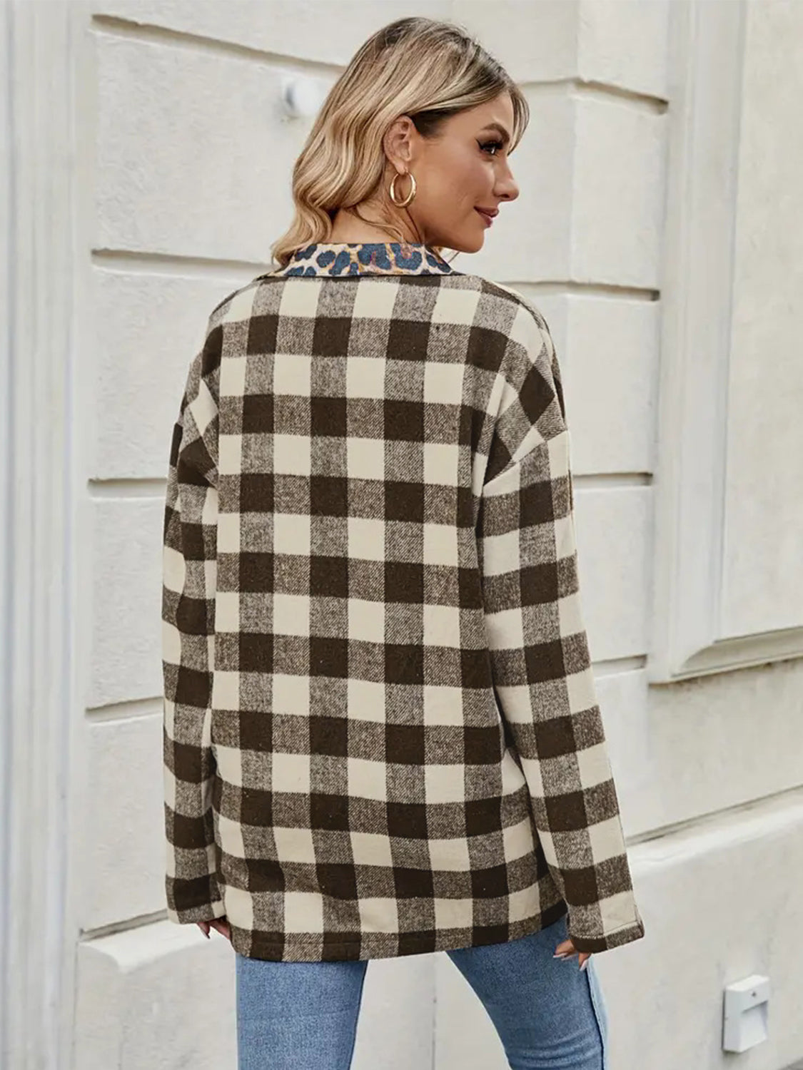 Leopard Trim Plaid Collared Neck Long Sleeve Shirt - aurelia-clothing-8955