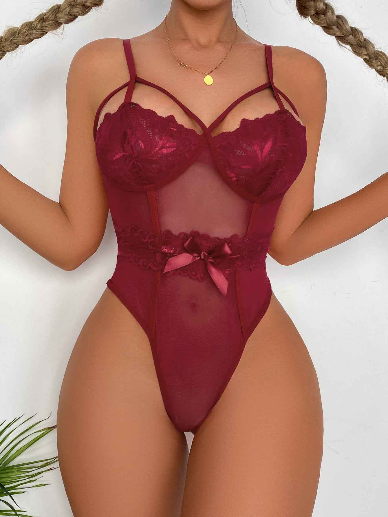 Lingerie Ribbon Sheer Cutout Romper-Free Shipping - aurelia-clothing-8955