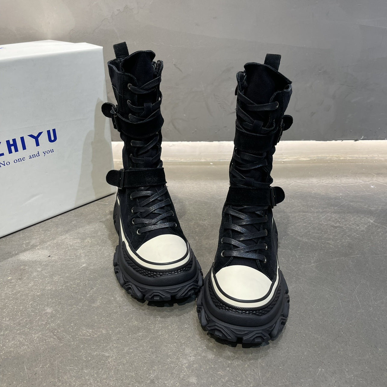 Long Boots Female Spring And Autumn Washed Denim Spelling Leather Work Boots Thick Bottom Biker Boots - Free Shipping - aurelia-clothing-8955