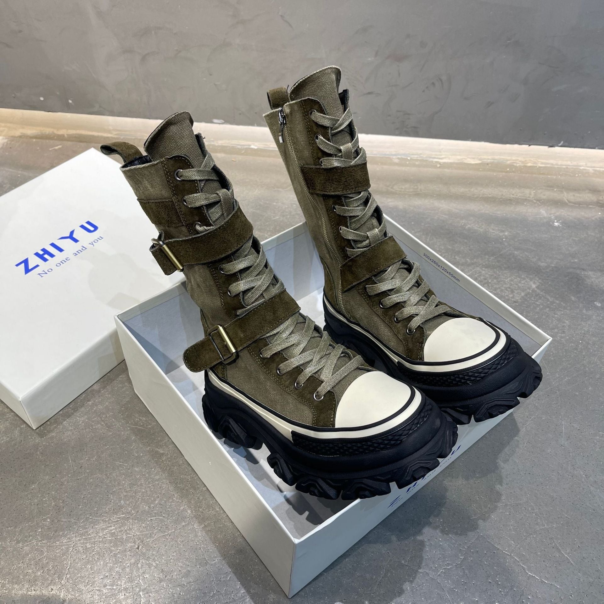 Long Boots Female Spring And Autumn Washed Denim Spelling Leather Work Boots Thick Bottom Biker Boots - Free Shipping - aurelia-clothing-8955