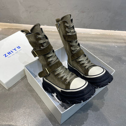Long Boots Female Spring And Autumn Washed Denim Spelling Leather Work Boots Thick Bottom Biker Boots - Free Shipping - aurelia-clothing-8955