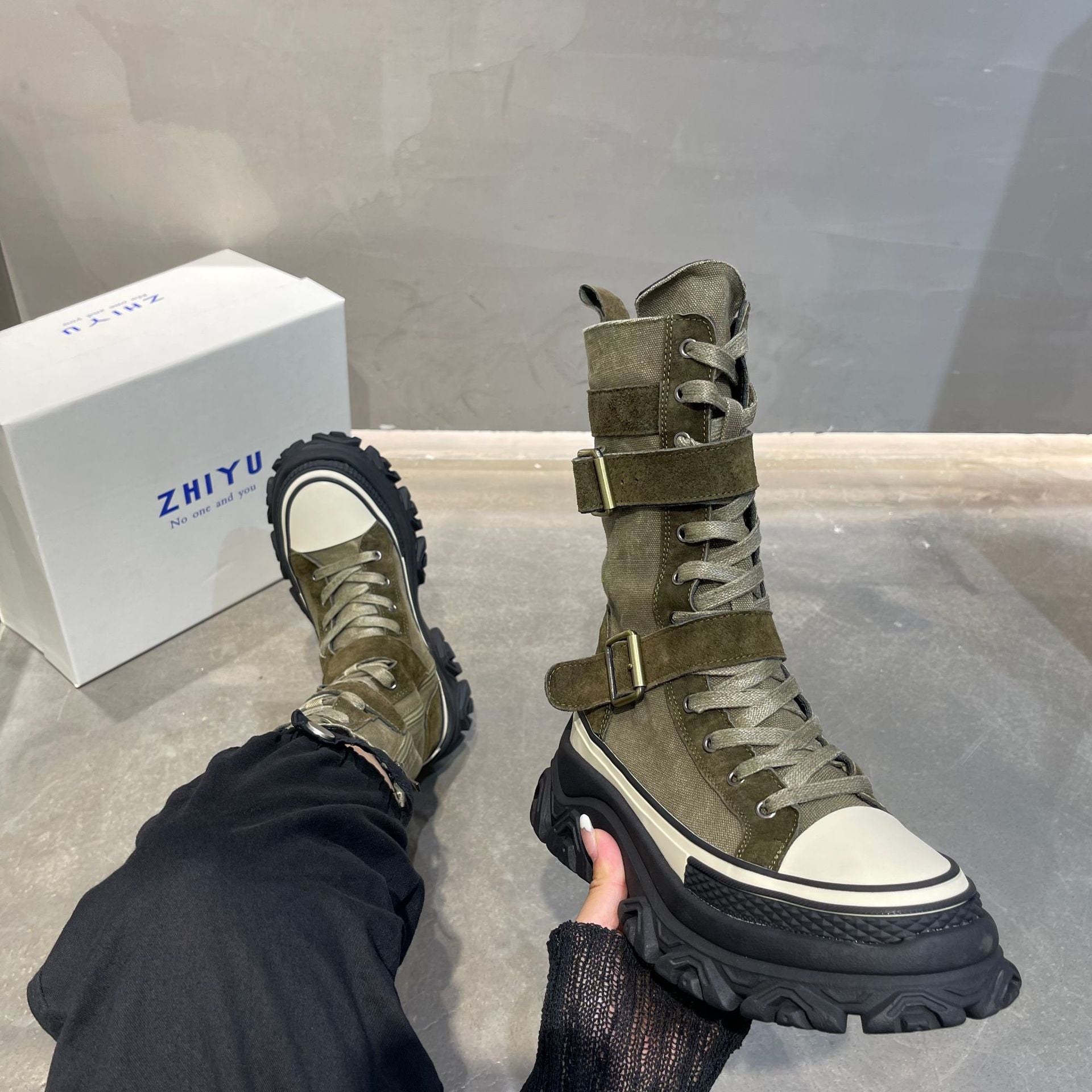 Long Boots Female Spring And Autumn Washed Denim Spelling Leather Work Boots Thick Bottom Biker Boots - Free Shipping - aurelia-clothing-8955