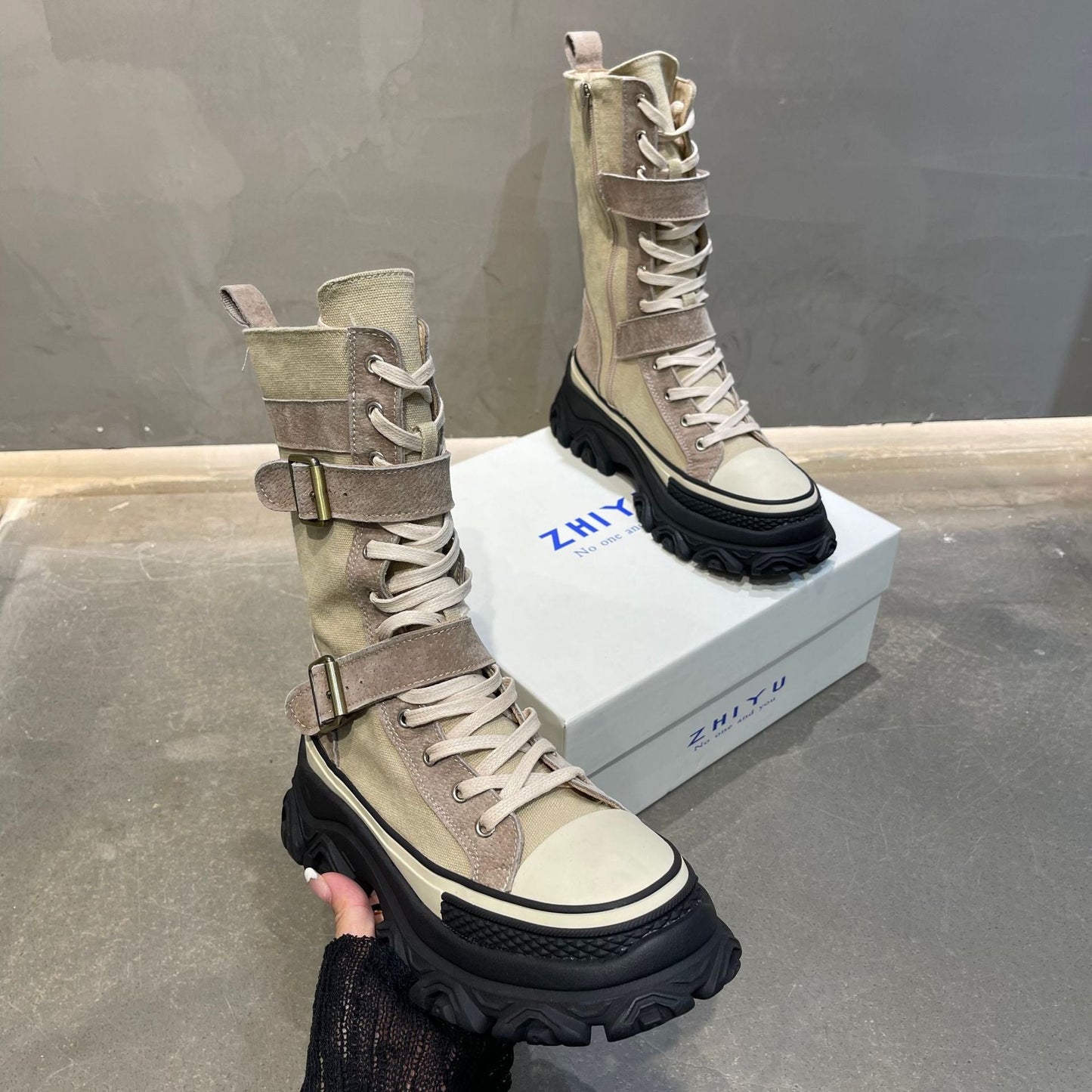 Long Boots Female Spring And Autumn Washed Denim Spelling Leather Work Boots Thick Bottom Biker Boots - Free Shipping - aurelia-clothing-8955