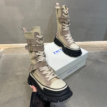 Long Boots Female Spring And Autumn Washed Denim Spelling Leather Work Boots Thick Bottom Biker Boots - Free Shipping - aurelia-clothing-8955