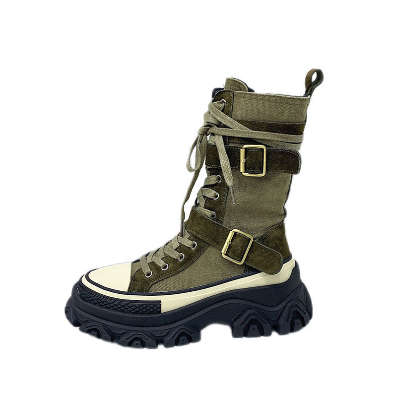 Long Boots Female Spring And Autumn Washed Denim Spelling Leather Work Boots Thick Bottom Biker Boots - Free Shipping - aurelia-clothing-8955