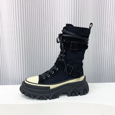 Long Boots Female Spring And Autumn Washed Denim Spelling Leather Work Boots Thick Bottom Biker Boots - Free Shipping - aurelia-clothing-8955