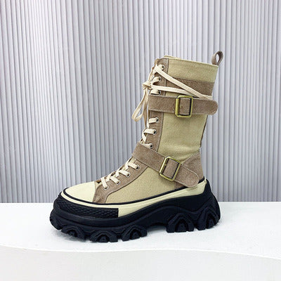Long Boots Female Spring And Autumn Washed Denim Spelling Leather Work Boots Thick Bottom Biker Boots - Free Shipping - aurelia-clothing-8955
