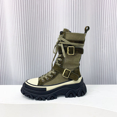 Long Boots Female Spring And Autumn Washed Denim Spelling Leather Work Boots Thick Bottom Biker Boots - Free Shipping - aurelia-clothing-8955