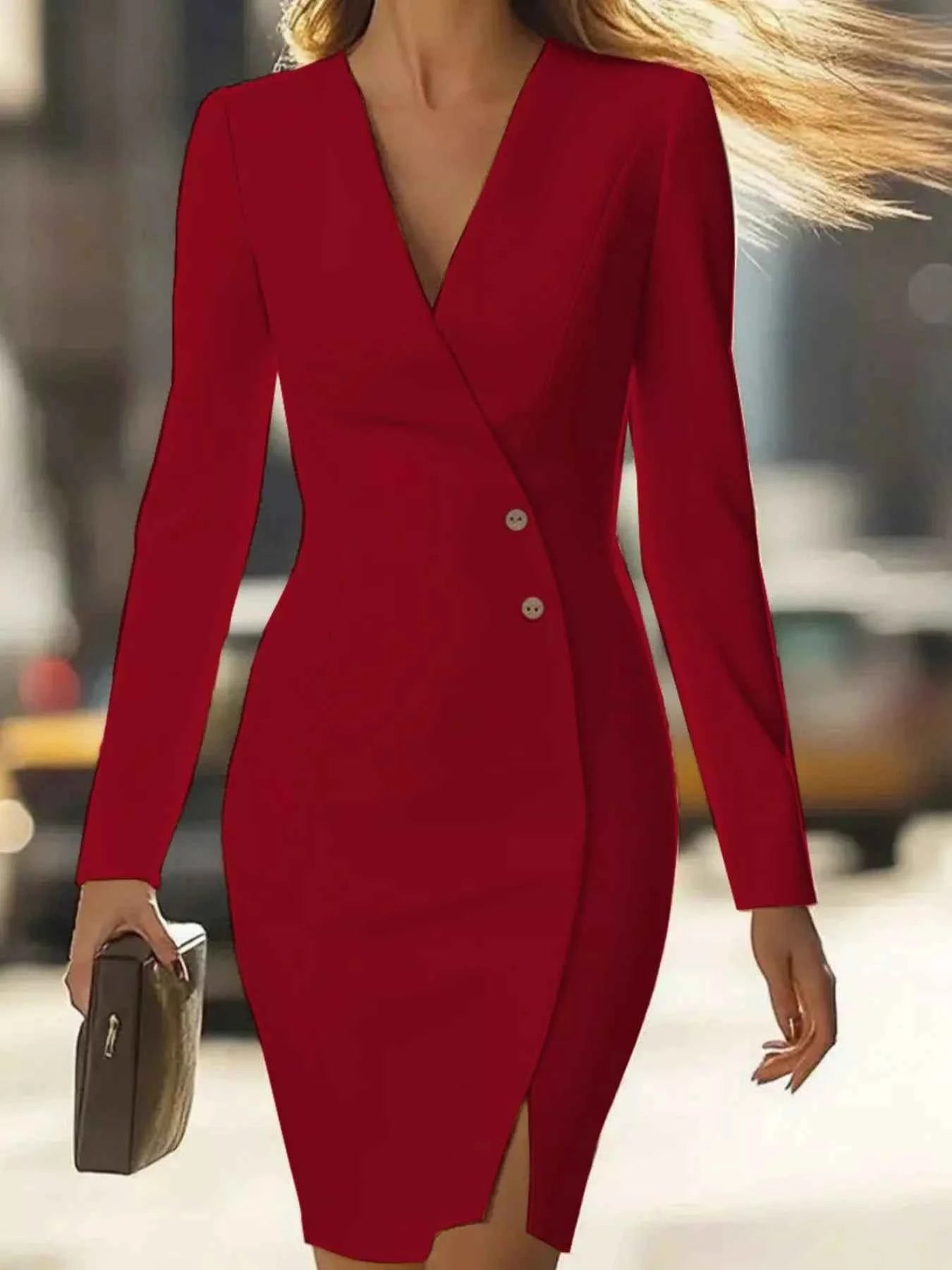 Long Sleeve Blazer Dress with Button Detail-Free Shipping - aurelia-clothing-8955