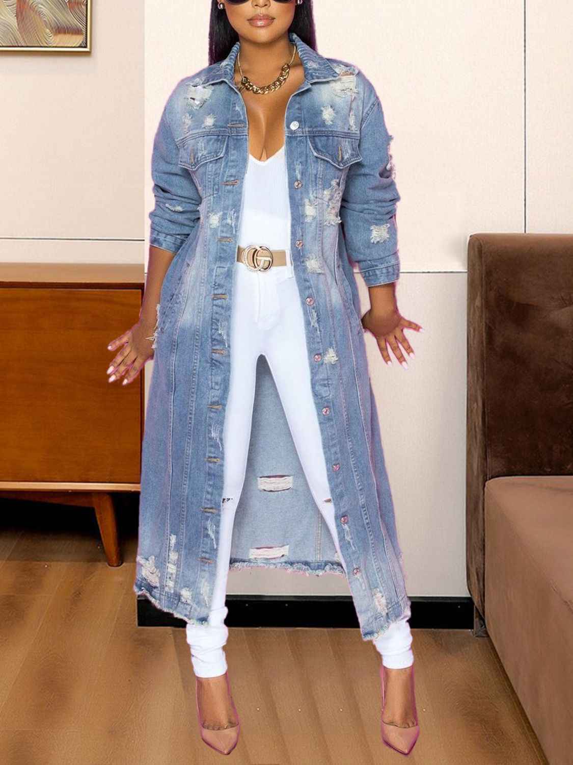 Long Sleeve Raw Hem Denim Womens Jacket - aurelia-clothing-8955