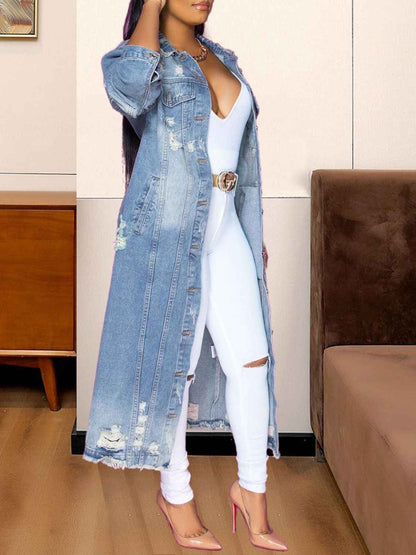 Long Sleeve Raw Hem Denim Womens Jacket - aurelia-clothing-8955