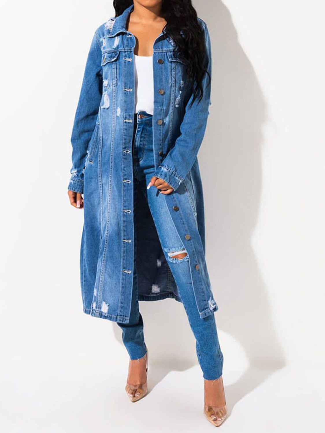 Long Sleeve Raw Hem Denim Womens Jacket - aurelia-clothing-8955