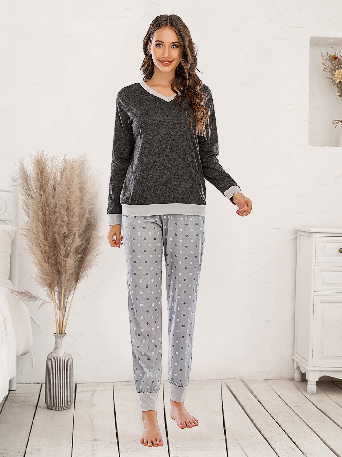 Long Sleeve Top and Polka Dot Pants Set - aurelia-clothing-8955