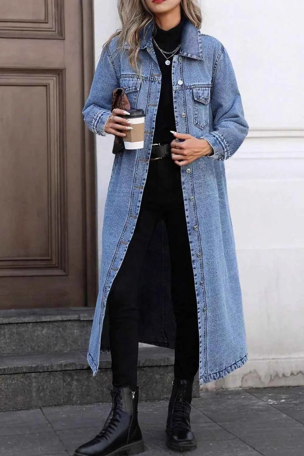 Longline Button-Down Denim Jacket-Free Shipping - aurelia-clothing-8955