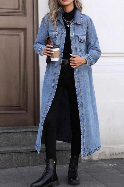 Longline Button-Down Denim Jacket-Free Shipping - aurelia-clothing-8955