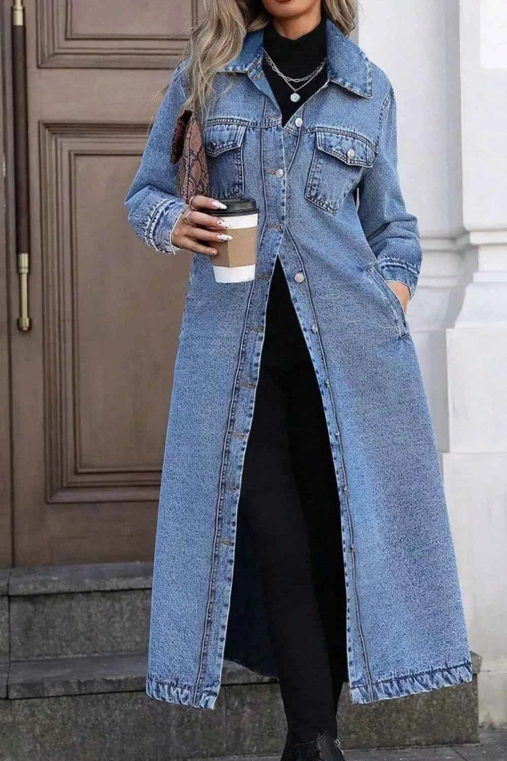 Longline Button-Down Denim Jacket-Free Shipping - aurelia-clothing-8955