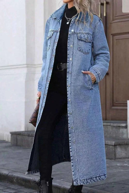 Longline Button-Down Denim Jacket-Free Shipping - aurelia-clothing-8955