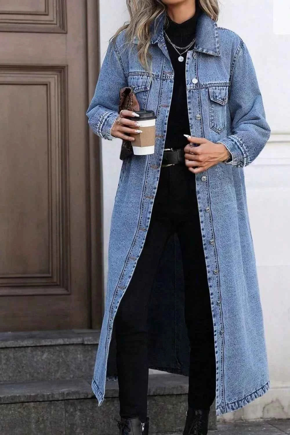 Longline Button-Down Denim Jacket-Free Shipping - aurelia-clothing-8955