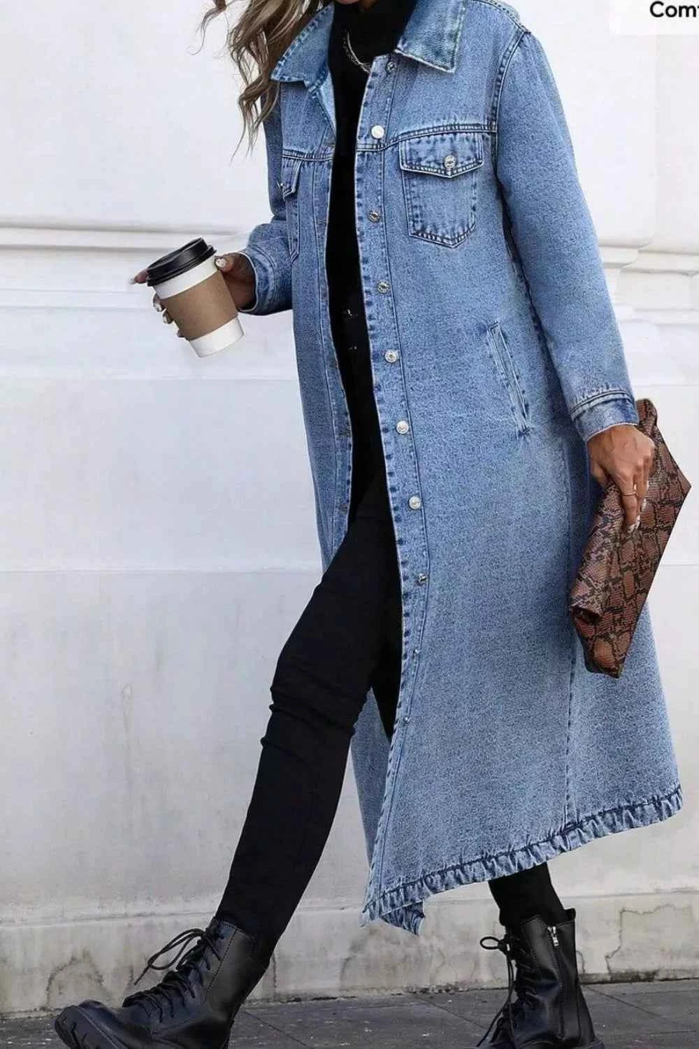 Longline Button-Down Denim Jacket-Free Shipping - aurelia-clothing-8955