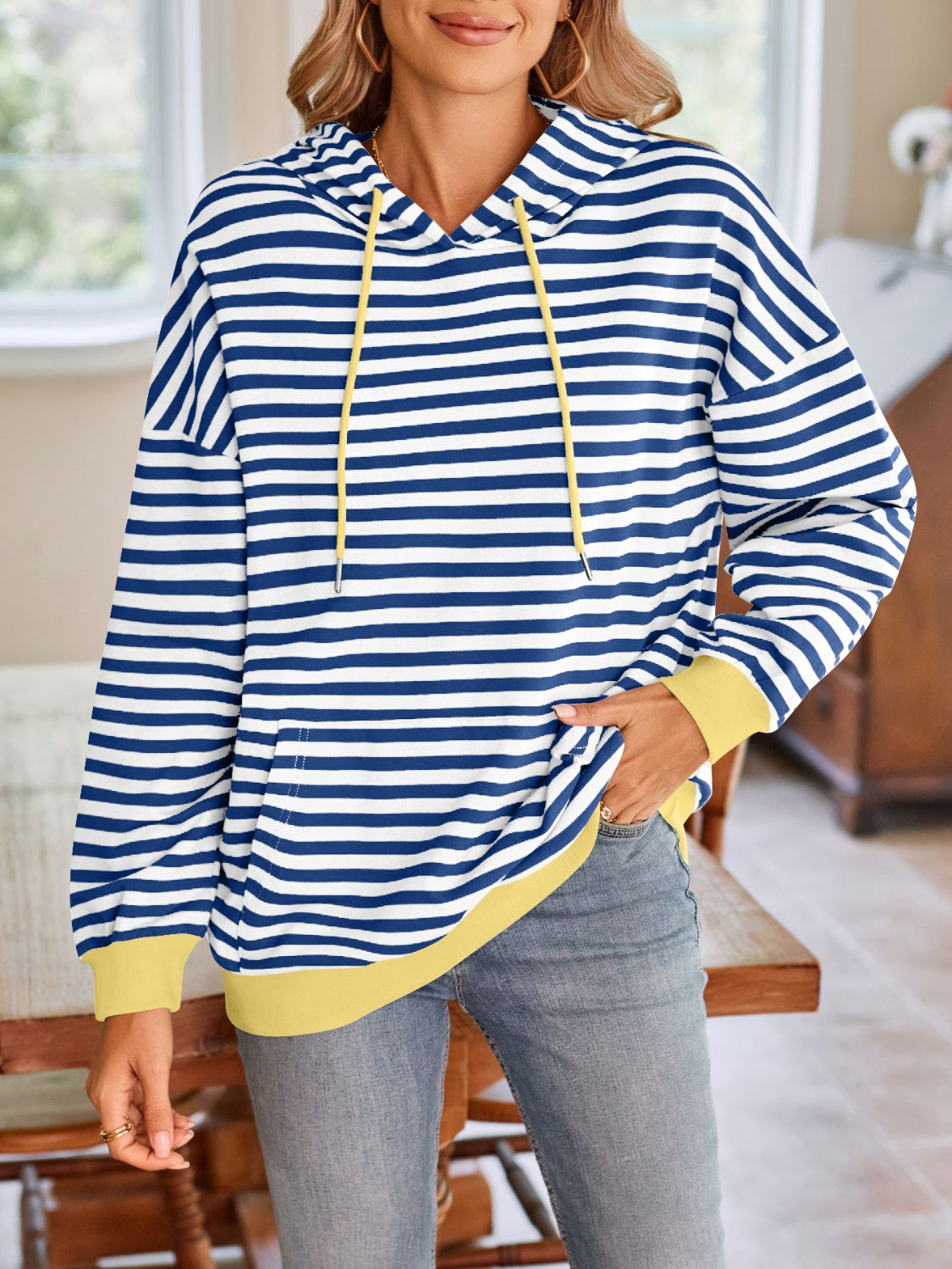 Lovelet Drawstring Striped Long Sleeve Hoodie - aurelia-clothing-8955