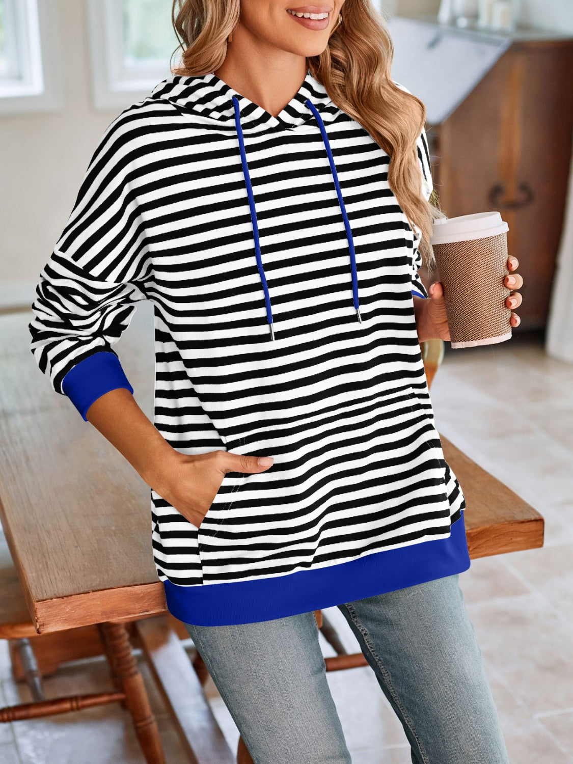 Lovelet Drawstring Striped Long Sleeve Hoodie - aurelia-clothing-8955