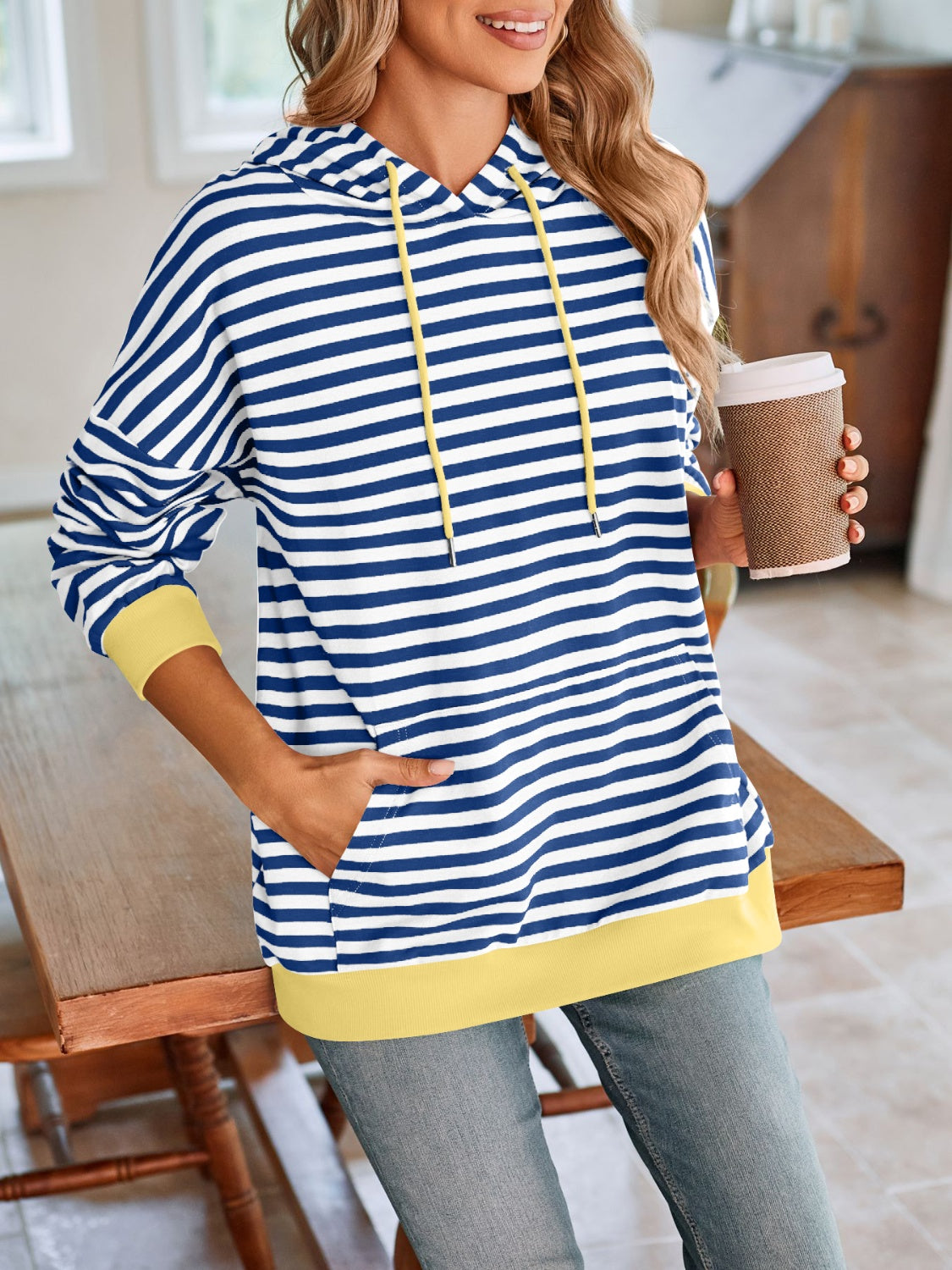 Lovelet Drawstring Striped Long Sleeve Hoodie - aurelia-clothing-8955